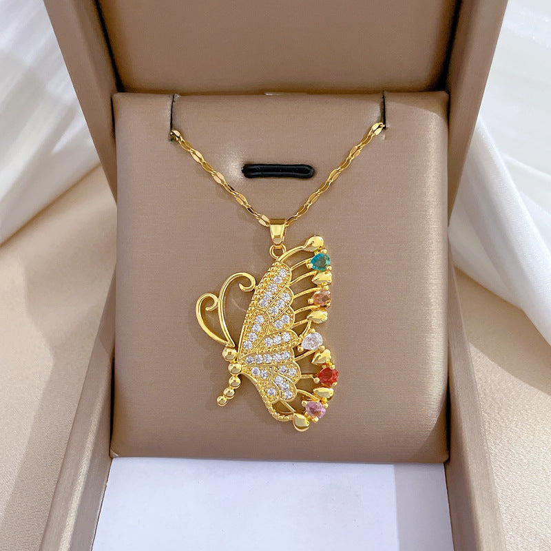 Luxury Butterfly-Shaped Rhinestone-Encrusted Titanium Steel Necklace for Women - Delicate Clavicle Chain for Wedding, Party, and Formal Occasions
