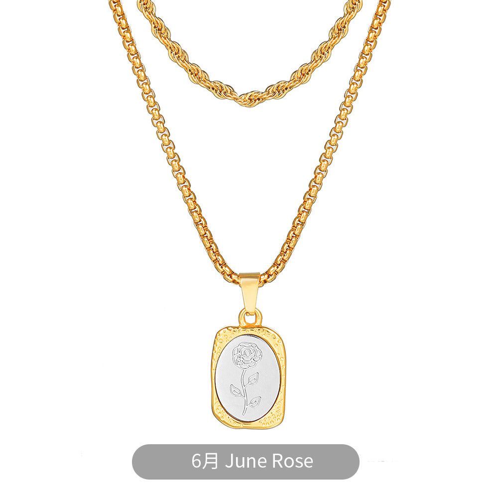 Vintage Two-Tone Gold and Silver Plated Stainless Steel Square Rose Pendant Necklace with Box Chain for Women