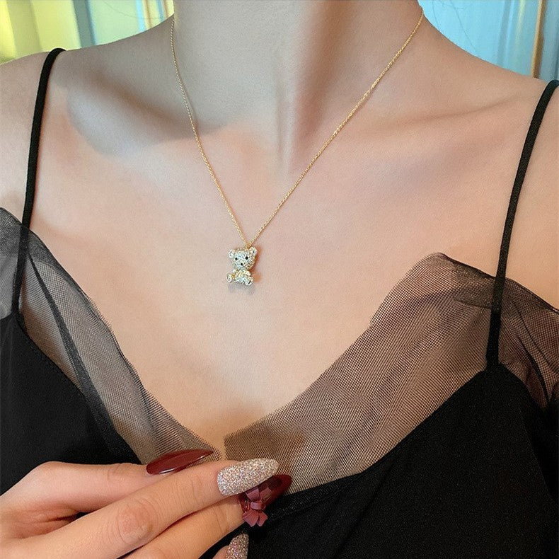 Original Design Bear Pendant Necklace for Women and Men in Titanium Steel with Mixed Gemstone Inlay, Minimalist Animal-Shaped Layered Chain