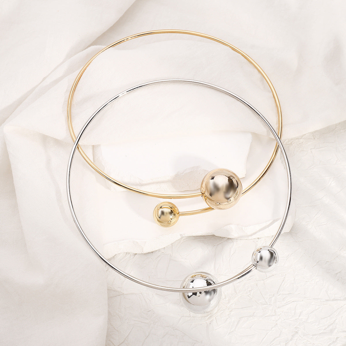 Vintage Geometric Asymmetrical Circle Bead Choker Necklace and Open Bangle Bracelet for Women with Electroplated Iron Finish