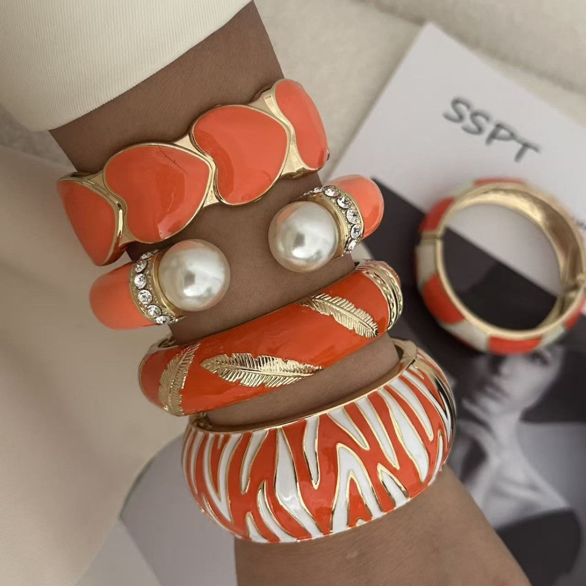 Punk Geometric Zebra Print Enamel Drip Oil Alloy Wide Cuff Bracelet for Women