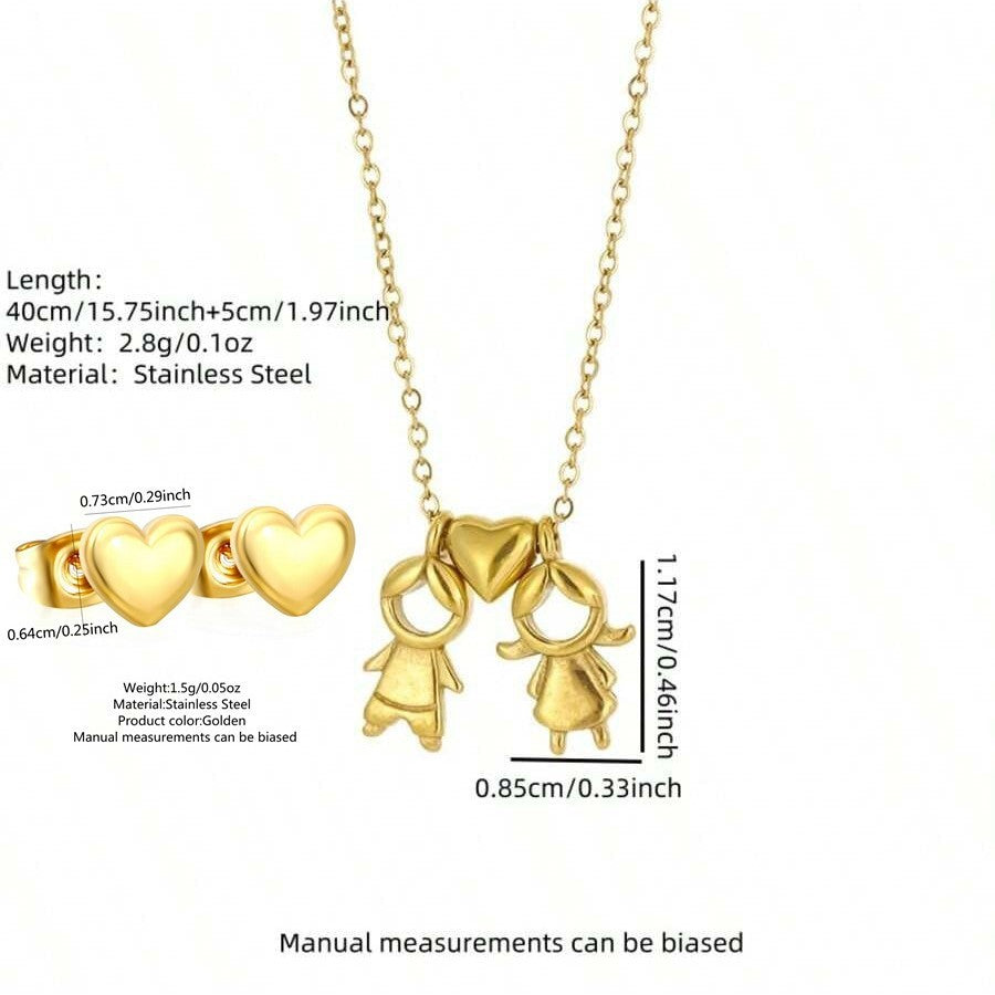 Elegant Heart Teardrop Stainless Steel Plated Titanium Steel Pendant Necklace and Earring Set with Curb Chain for Unisex