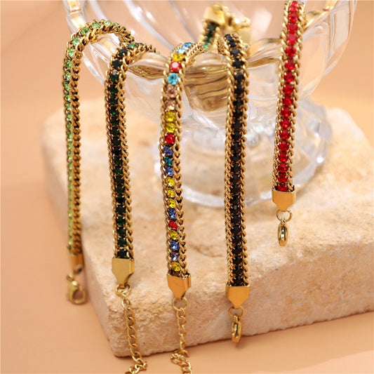 Bracciale da donna in acciaio al titanio placcato oro con intarsio di strass geometrici quadrilateri, lusso minimalista