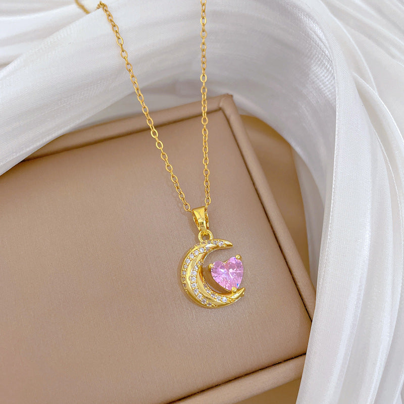 Sweet Minimalist Twisted Moon Heart Geometric Rhinestone Pendant Titanium Steel Necklace for Unisex