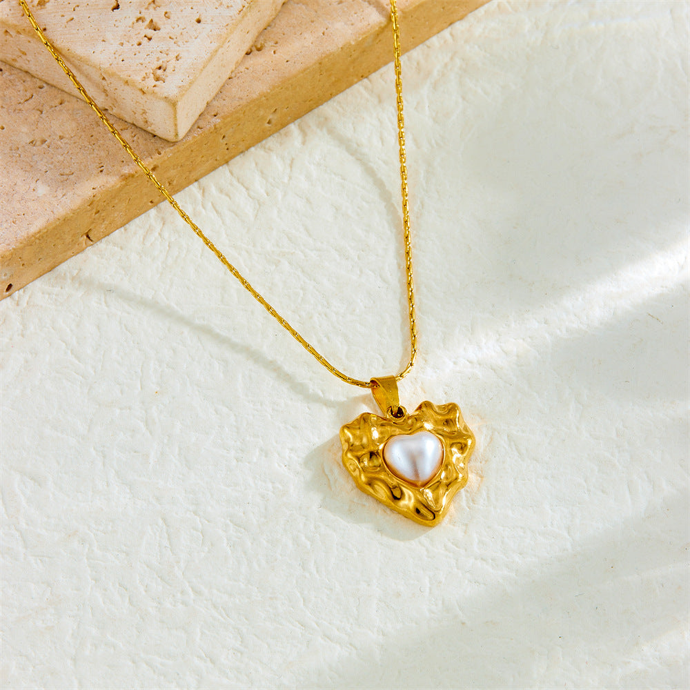 Vintage Business Irregular Heart Teardrop Plated Stainless Steel Pearl Pendant Necklace for Women