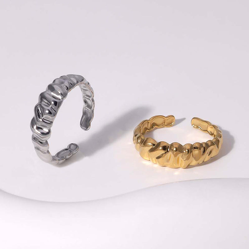 Minimalist Irregular Textured Titanium Steel Open Ring for Women with Gold Plating