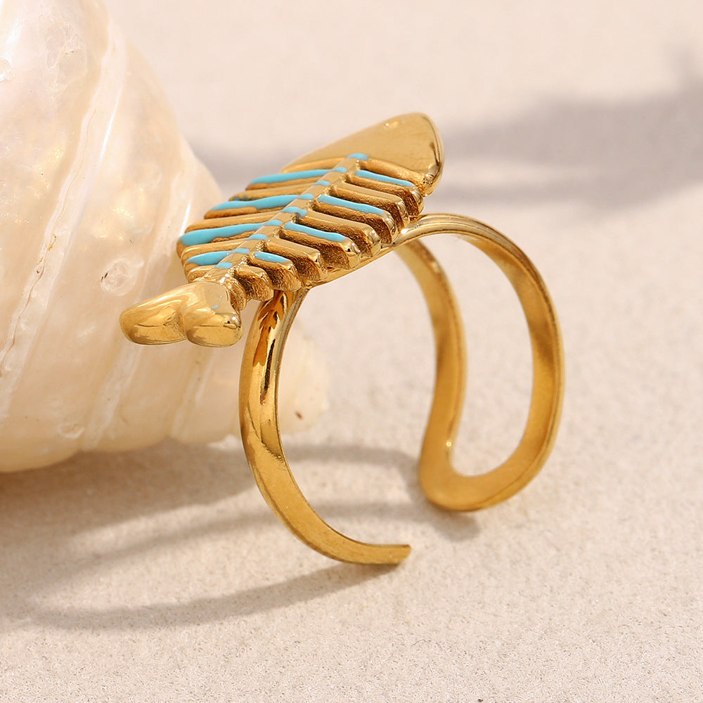 Anello da Donna Alla Moda a Forma di Pesce in Acciaio Inossidabile con Placcatura in Oro 18K e Finitura Smaltata