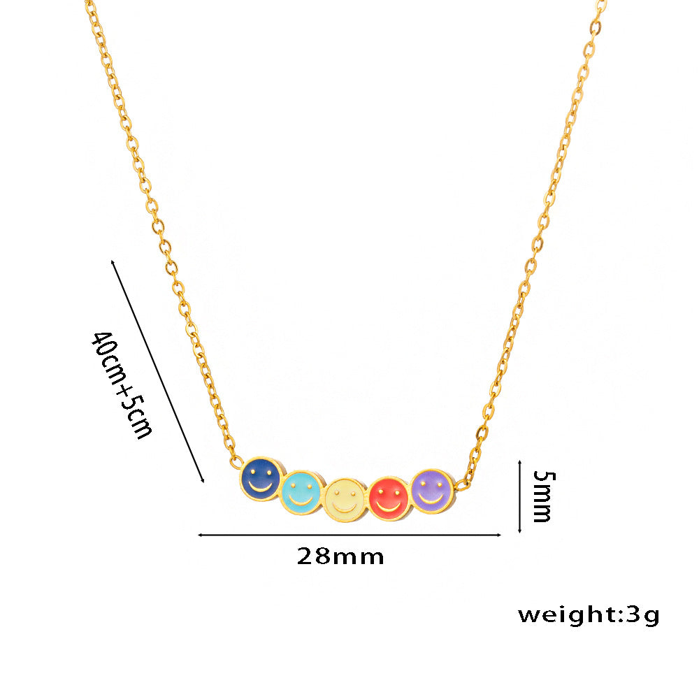 Minimalist Rainbow Smiley Face Pendant Necklace for Women in Titanium Steel with Enamel Finish and O-Chain