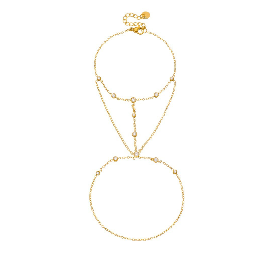 Minimalist Elegant Gold Plated Stainless Steel Rhinestone Chain Hand Chain Ring