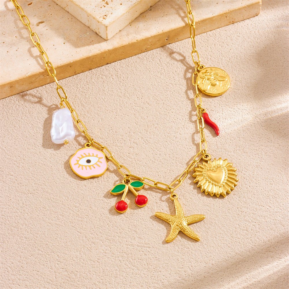 Cartoon Cherry Heart Drip Oil Stainless Steel Pendant Necklace with Box Chain for Women