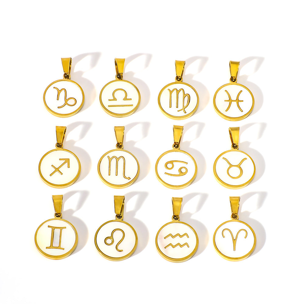 Minimalist Zodiac Pendant Necklace for Women Stainless Steel with 18K Gold Plating and White Abalone Inlay
