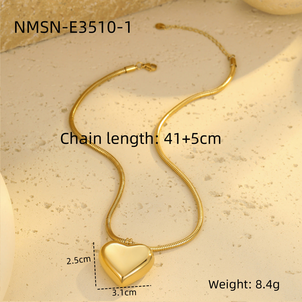 Collana Minimalista da Donna a Catena Snake a Cuore in Acciaio al Titanio con Placcatura in Oro