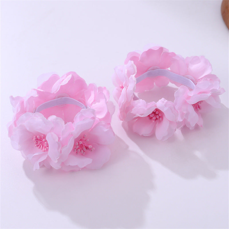 Cute Floral Hair Tie with Pink Flowers and White Daisy Design, Minimalist Pearl-Embellished Fabric Hairband for Kids