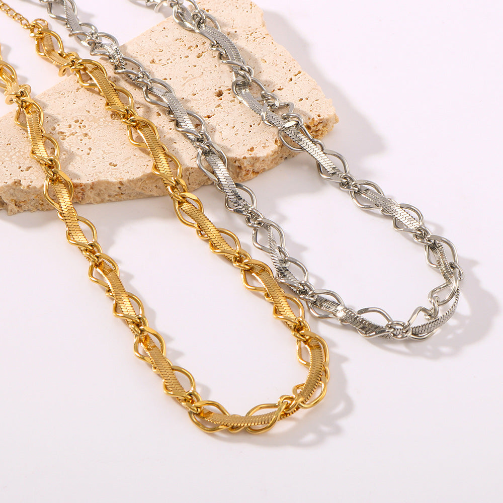 INS Style Geometric Flat Snake Chain Necklace and Bracelet Set in Stainless Steel with 18K Gold Plating for Women