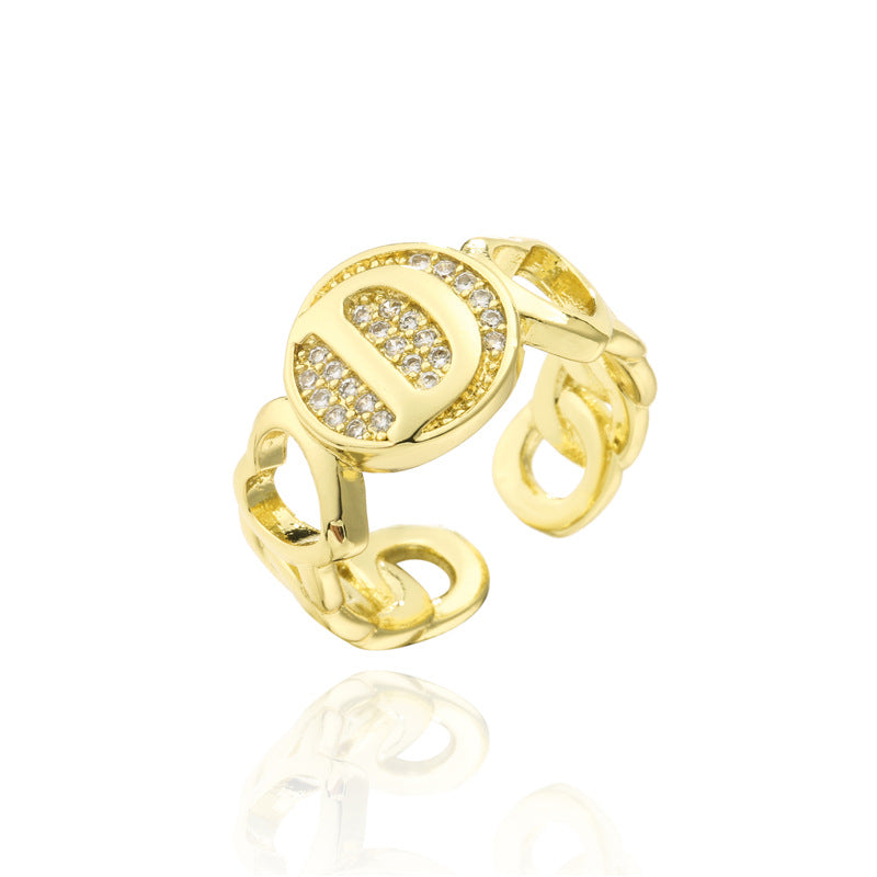 18K Gold Plated Brass Micro-Paved Cubic Zirconia Heart Letter Cuban Link Chain Open Ring for Women