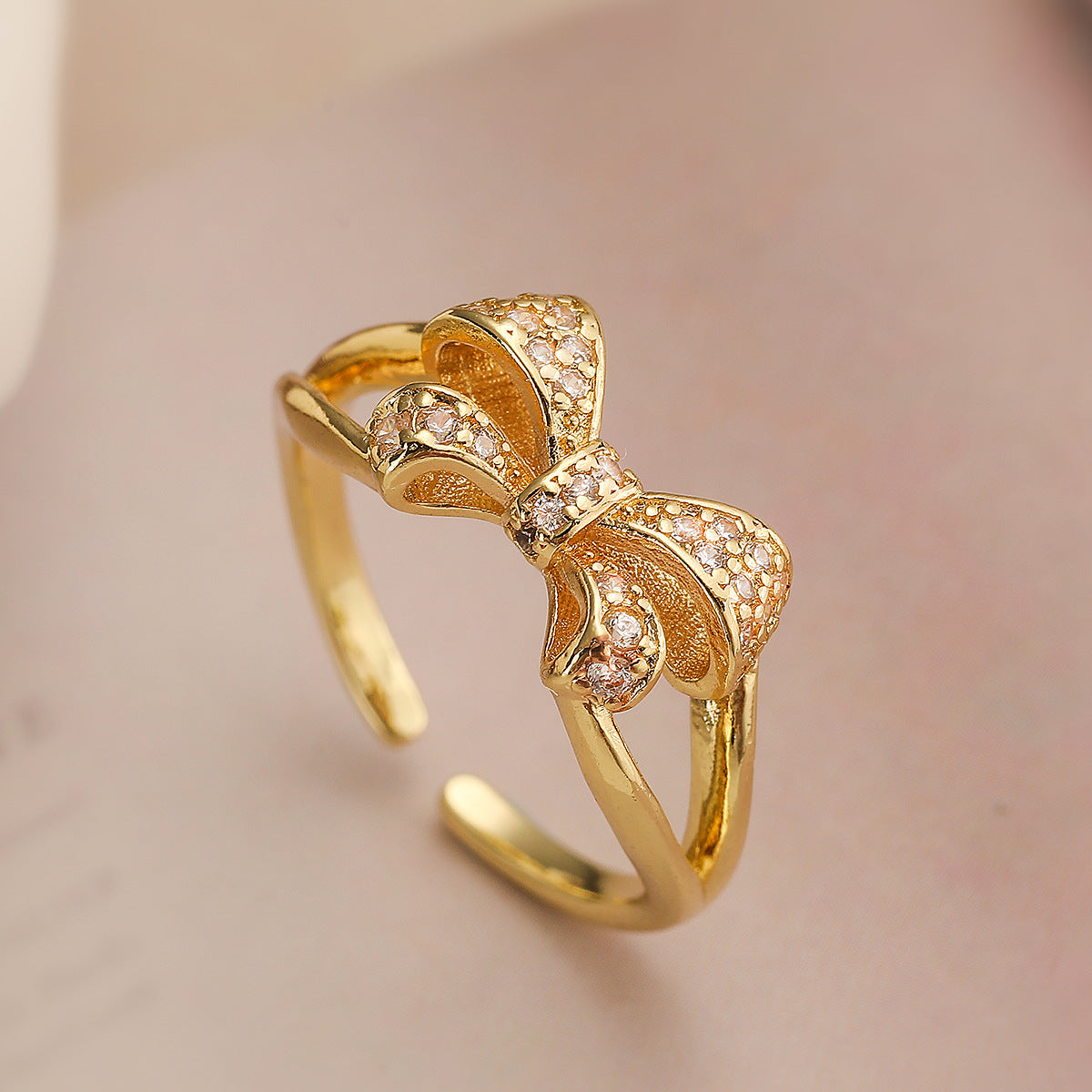 Sweet Style Geometric Bowknot Ring for Women Made of Brass with Real Gold Plating and Micro-Paved Zirconia