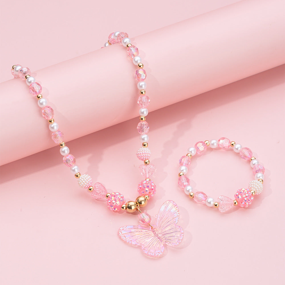 Set di Collana per Bambini a Forma di Farfalla in Stile Cartone Animato con Pendente in Acrilico su Catena di Perline, per Bambini dai 3 ai 10 Anni, Realizzato in Resina e Plastica