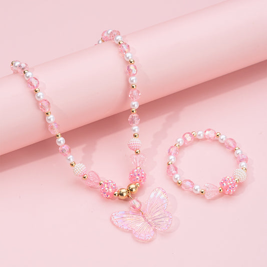 Cartoon Butterfly-Shaped Children's Necklace Set with Acrylic Pendant on Beaded Chain for Kids Ages 3-10, Resin and Plastic Construction