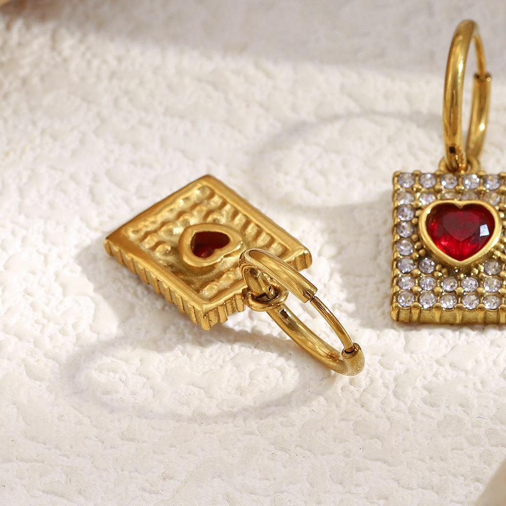 Minimalist Geometric Red Heart Stainless Steel Earrings with 18K Gold Plating and Full Rhinestone Inlay for Women