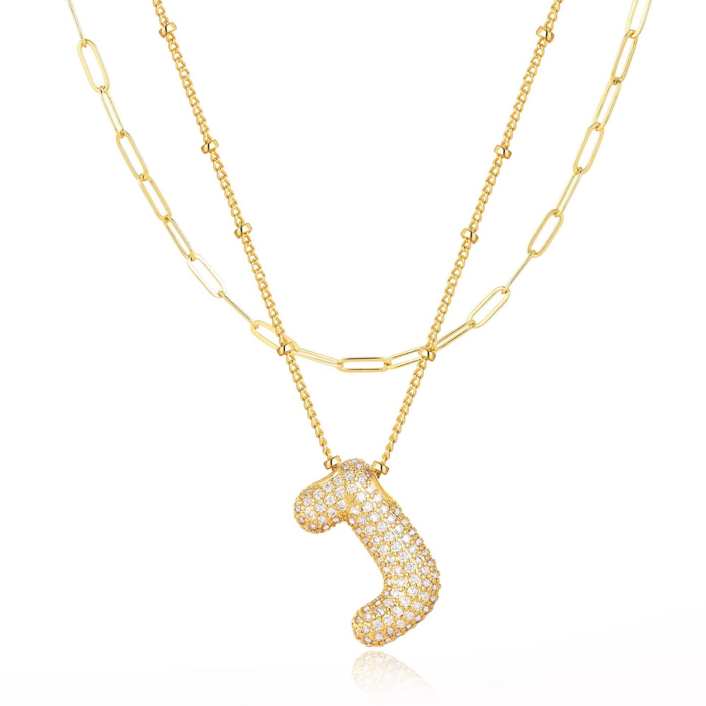 18K Gold Plated Brass Double Layer Letter Necklace Micro Pave Cubic Zirconia Serpentine Chain Women's Jewelry