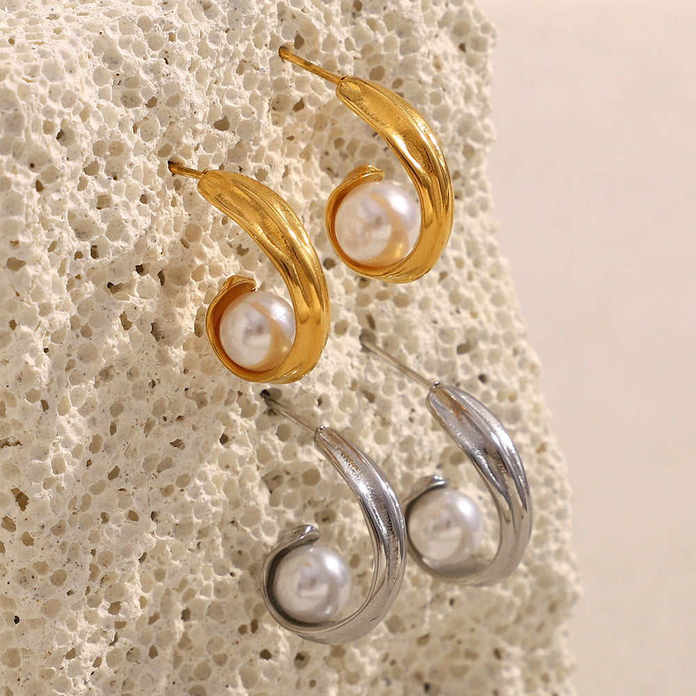 Elegant French-Style Stainless Steel Earrings with 18K Gold Plating, Rolled Edge Design, Faux Pearl Floral Motif, Geometric Shape