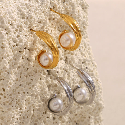 Aretes de Acero Inoxidable Minimalistas Geométricos de Moda con Baño de Oro de 18K y Detalles de Perlas