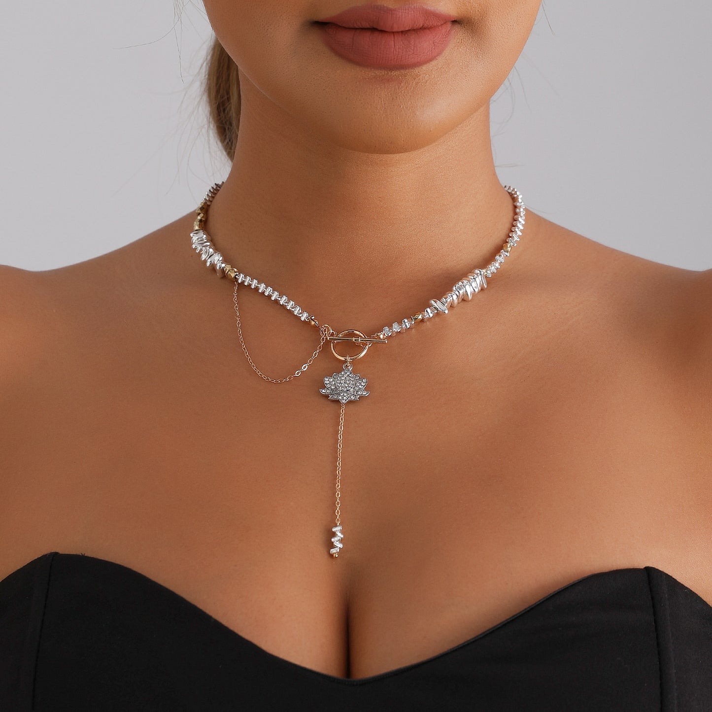 Geometric Triangle Lotus Rhinestone Inlay Alloy Pendant Necklace with Tassel for Women