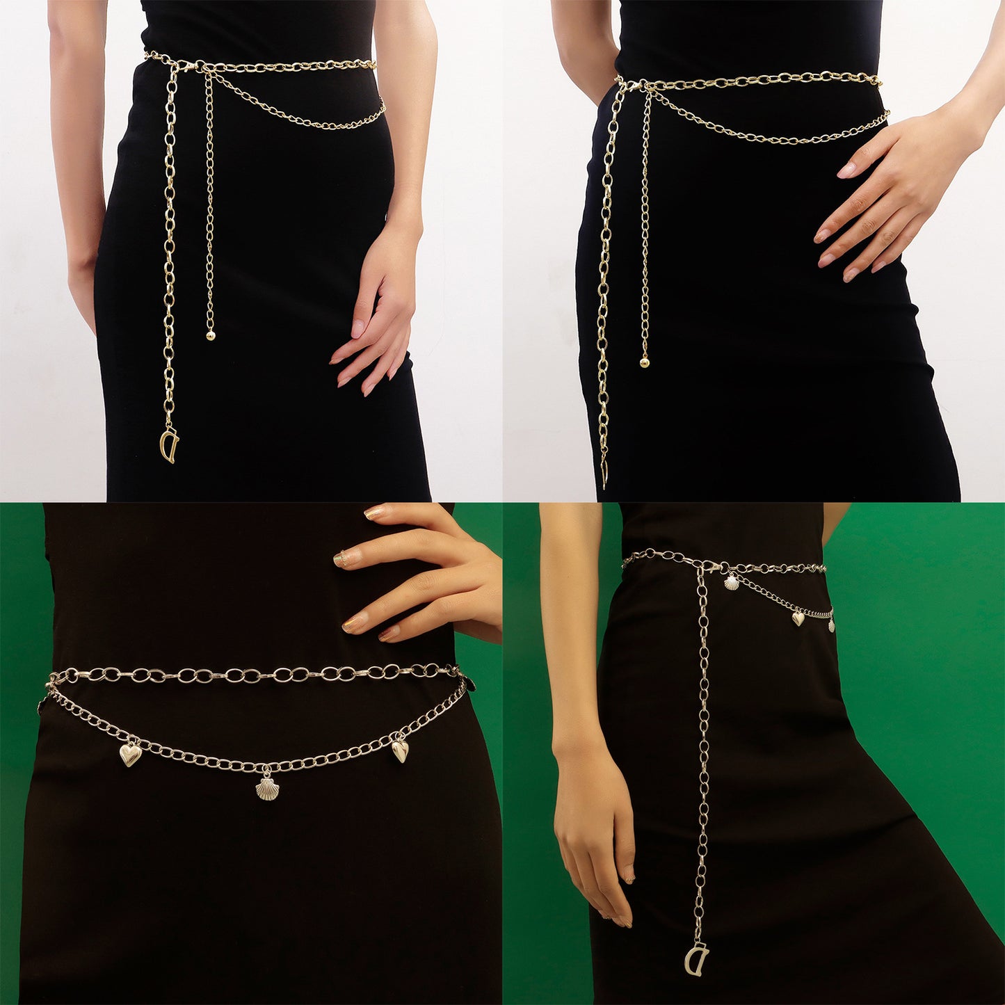 Casual Punk Double Layer Shell Heart Letter D Body Chain for Women