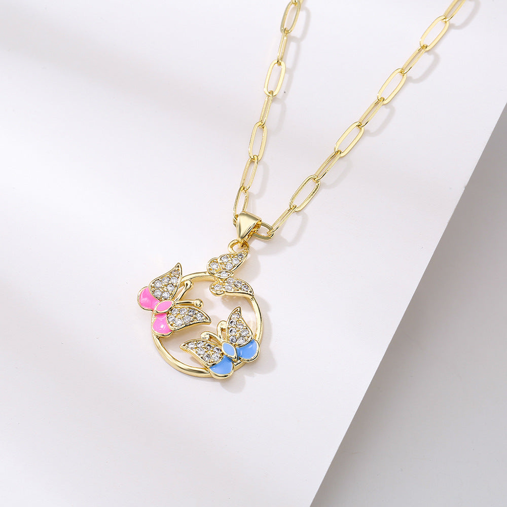 Minimalist Butterfly and Dragonfly Pendant Necklace for Women with Copper Base Plated in 18K Gold and Zircon Inlay