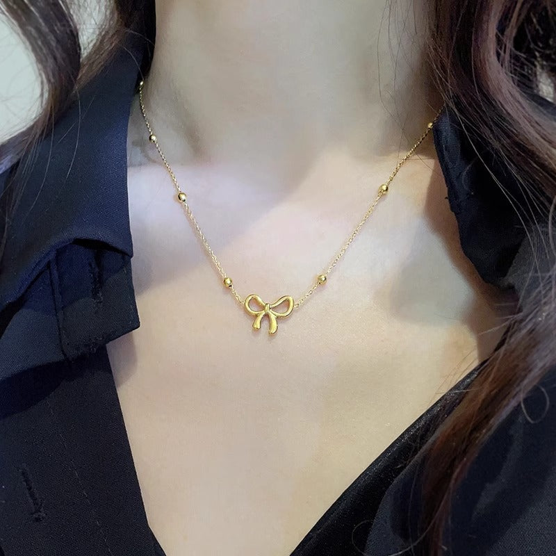 Minimalist Bow Knot Lucky Bead Necklace 18K Gold Plated Titanium Steel O-Chain Unisex