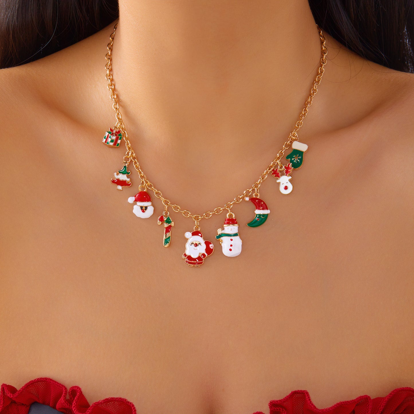 Collana pendente alla moda Babbo Natale e pupazzo di neve per donne con struttura in lega di zinco e finitura placcata