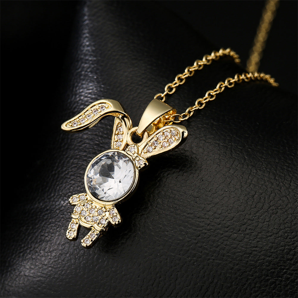 Collana Pendente con Animali Carini da Donna con Base in Rame Placcata in Oro 18K con Ciondoli a Orso e Coniglio