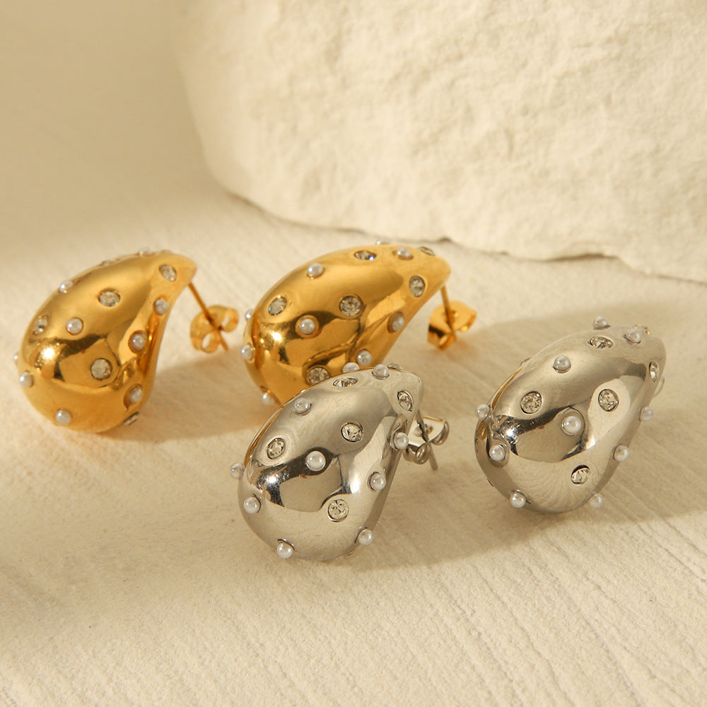 Orecchini da donna minimalisti in acciaio inossidabile a forma di goccia d'acqua con intarsio di strass e perle, finitura placcata
