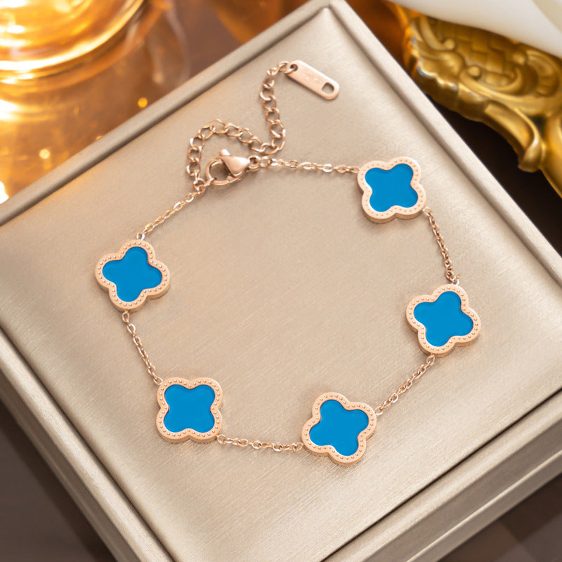 Fashion 18K Rose Gold Plated Titanium Steel Four-Leaf Clover Rhinestone Bracelet for Women