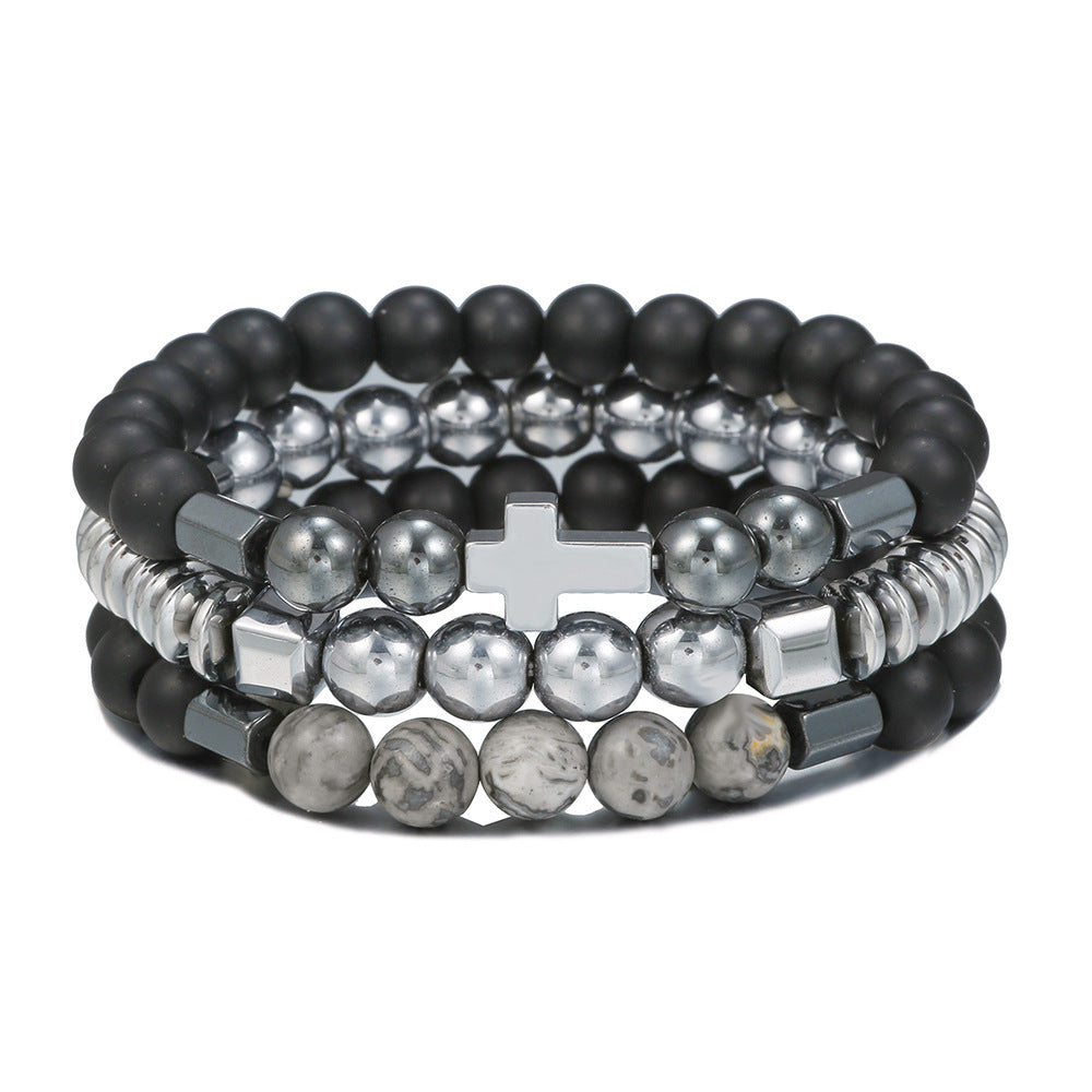 Vintage Geometric Cross Round Stone Bracelet for Men and Women