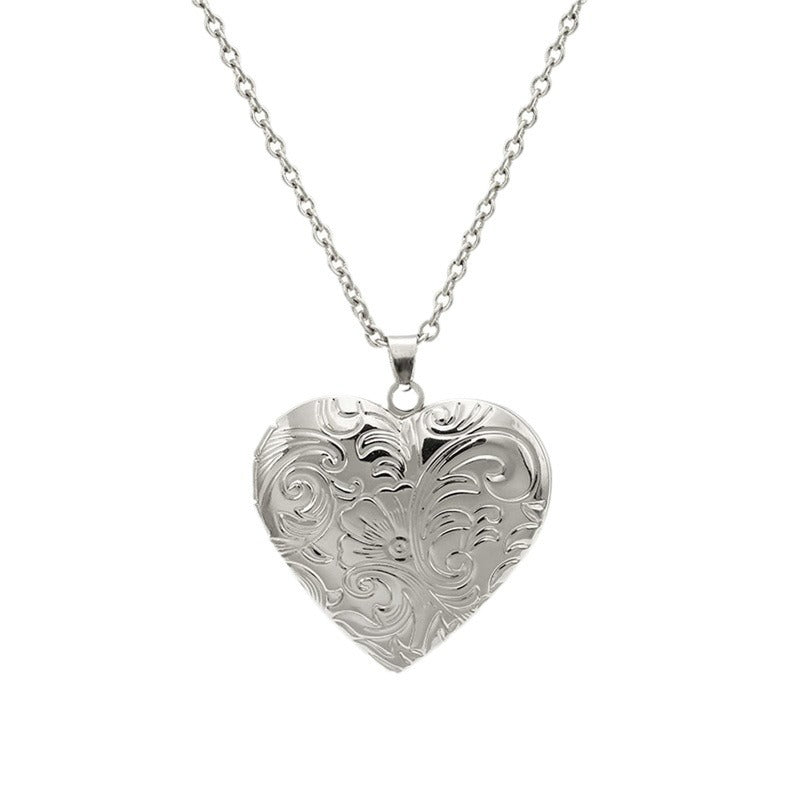 Natural Style Heart-Shaped Stainless Steel Necklace with Openable Photo Frame Pendant and Polished Finish for Women