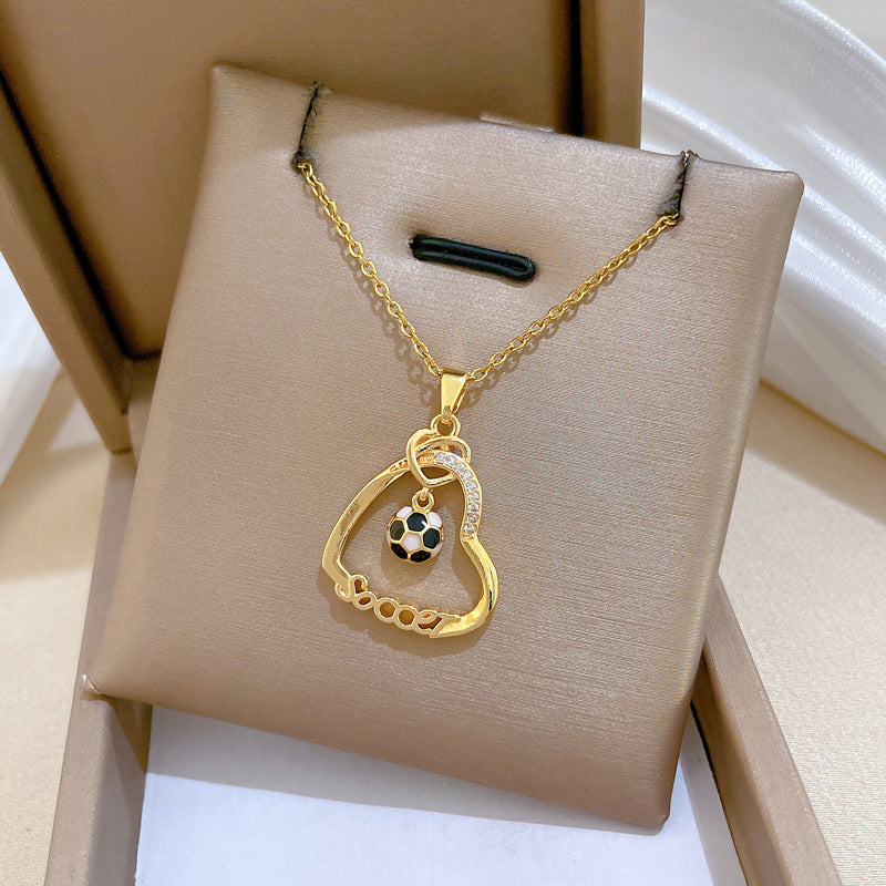 Sweet Luxury Heart Geometric Rhinestone Pendant Titanium Steel Necklace for Unisex