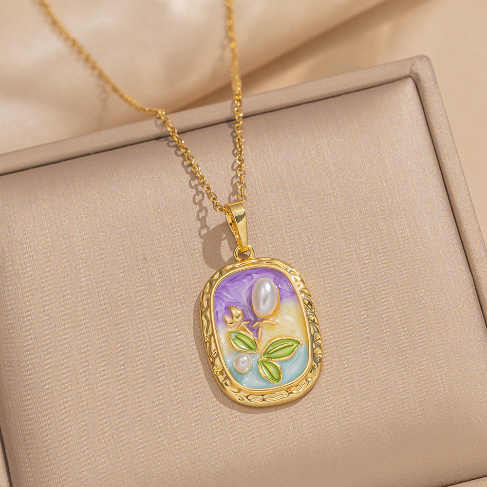 Baroque Style Leaf-Shaped Titanium Steel Necklace with Tulip Floral Motif, Vacuum-Plated for Hypoallergenic Wear, O-Chain Design