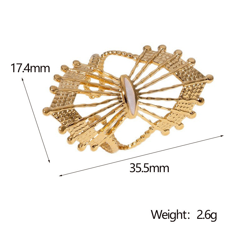 Vintage Geometric Fan-Shaped Hollow Stainless Steel Adjustable Open Ring for Women with Gold Plating
