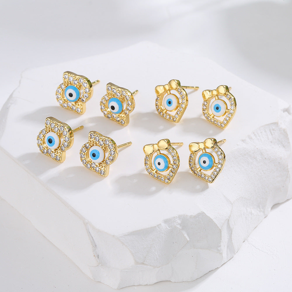 Minimalist Geometric Eye Stud Earrings for Women with Copper Base Plated in 18K Gold and Enamel Finish with Micro-Paved Zirconia