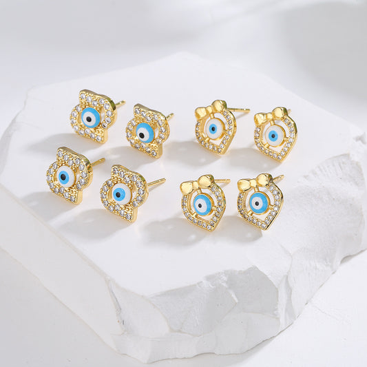 Minimalist Geometric Eye Stud Earrings for Women with Copper Base Plated in 18K Gold and Enamel Finish with Micro-Paved Zirconia