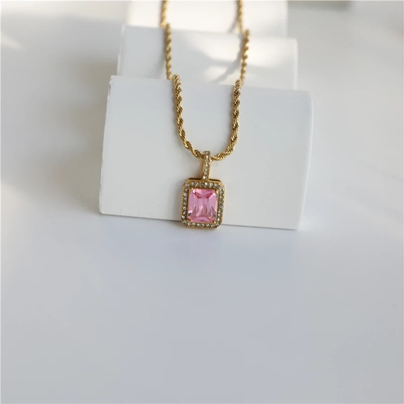 Minimalist Geometric Square Pendant Necklace in Titanium Steel with Rhinestone Pave Setting and Plated Finish for Women