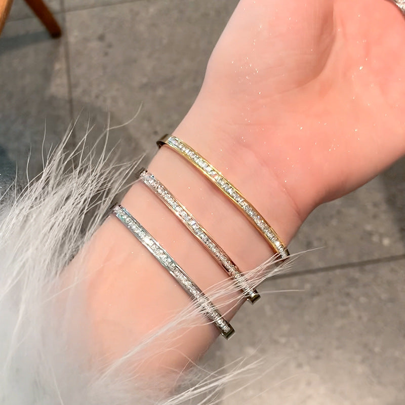 Minimalist Geometric Titanium Steel Plated Bracelet with Full Rhinestone Accents for Women