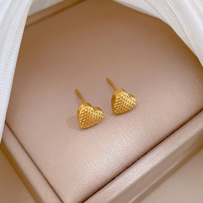 Minimalist Titanium Steel Heart Checkered Stud Earrings for Women
