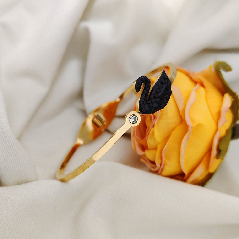 Minimalist Black Swan Bracelet for Women Made of Titanium Steel with Rhinestone Inlay and Plated Finish