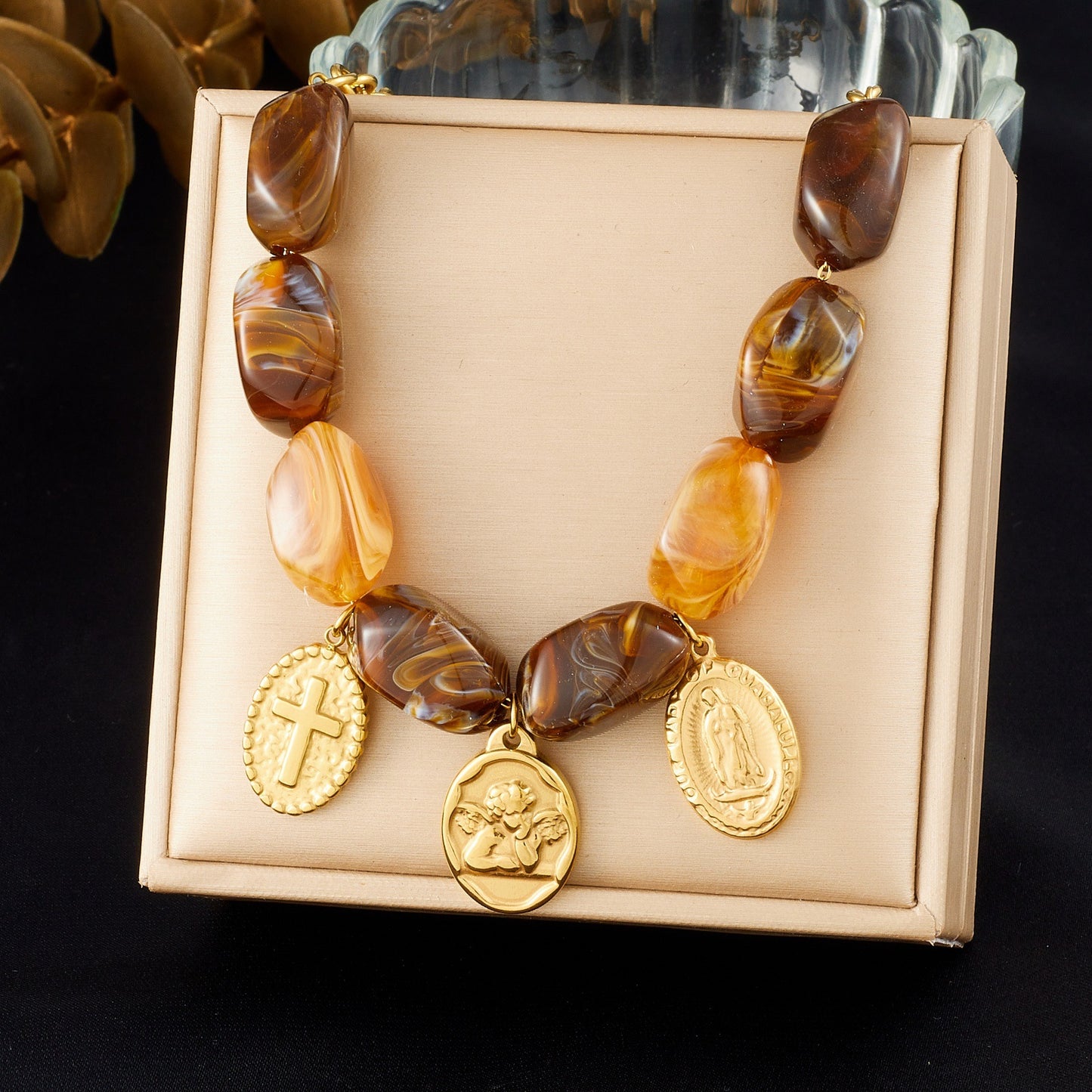 Vintage Ethnic Gold Plated Stainless Steel Cross Oval Round Beaded Necklace for Women