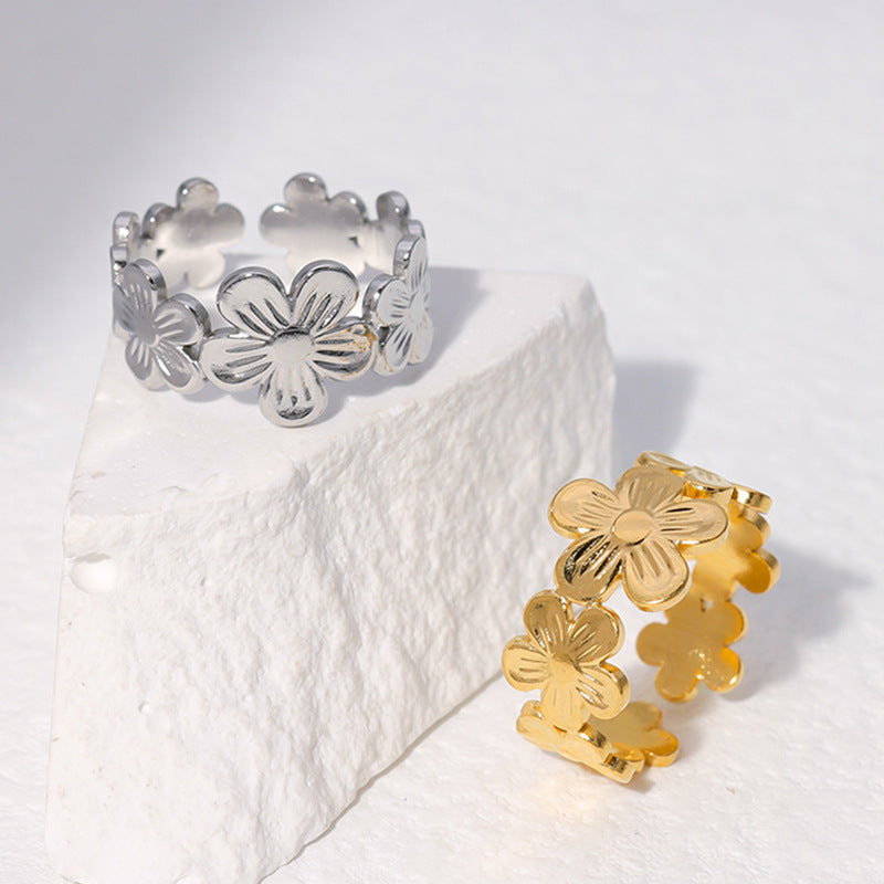 Sweet Minimalist Floral Plated Stainless Steel Open Ring for Women