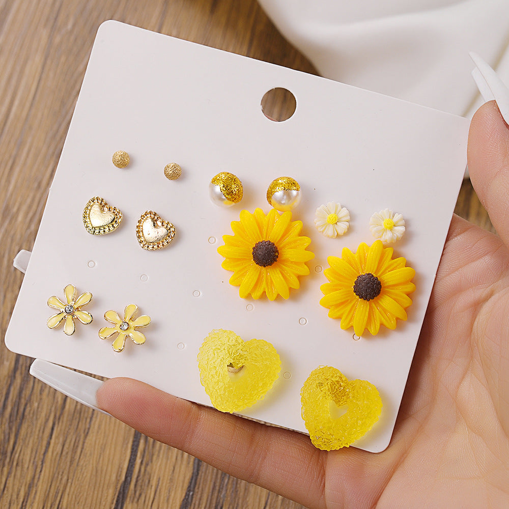 Sweet Minimalist Drip Oil Plated Stainless Steel Heart and Geometric Floral Stud Earrings for Women