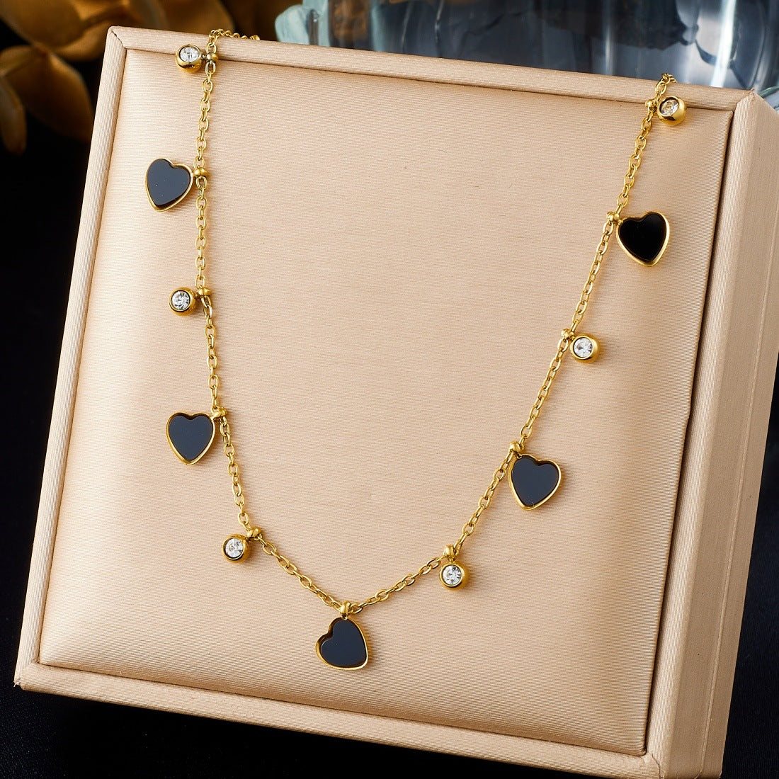 Minimalist Gold Plated Heart Rhinestone Inlay Stainless Steel Necklace for Women