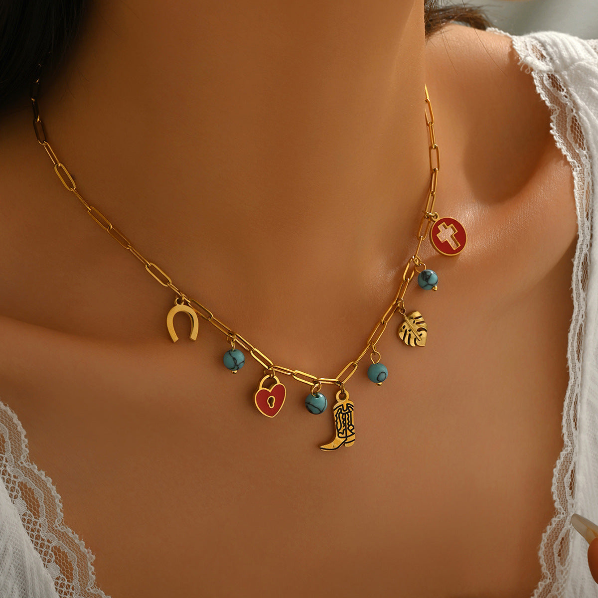 Collana Chic a Pendente Geometrico da Donna con Intarsio Turchese in Lega, Catena Minimalista per Clavicole